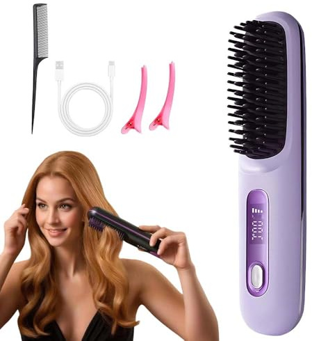 Brosse Lissante Portable Sans Fil, 2026 Nouveau Peigne Chauffant avec 3 Températures, Brosse Chauffante Cheveux Court, Mini Lisseur 20s Chauffage Rapide, Fer a Lisser Avec éCran LED (Violet)