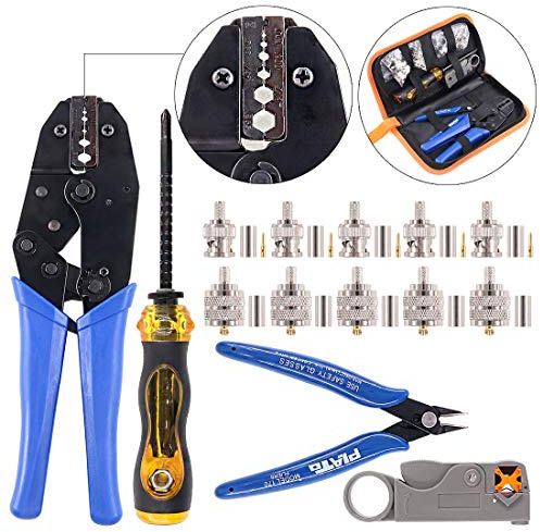 Swpeet 14Pcs Professional Coaxial Cable Tool Kit, Ratcheting Wire Terminal Coaxial Cable Tool Kit with 1Pcs Cable Stripper and 10pcs 50 Ohm Crimp Male/Straight Connectors for Coax Connectors