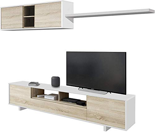 Arreditaly Parete Attrezzata Nottingham Mobile Soggiorno TV con Ripiani, Ante E Mensola Ideale per Salotto Legno Base Televisione Sala da Pranzo Design Moderno 200 x 41 x 46 cm Colore Bianco e Rovere
