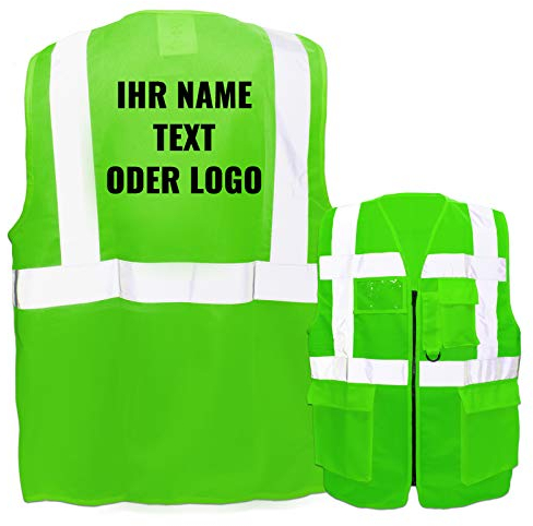 Warnweste mit Reißverschluss und Taschen * Druck auf Rücken/Standard-Druck * Farbe & Größe: Neon Grün/Größe M * Aufdruck selbst gestalten * Bedruckt mit Design Foto Text Logo