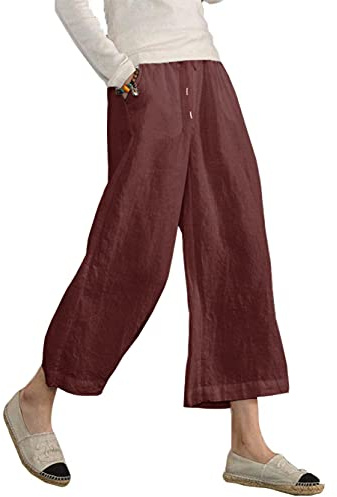 Famulily Linen Trousers Womens Summer Wide Leg Casual Loose Cropped Pants with Pockets Burgundy S