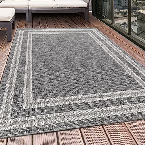HomebyHome Outdoor Teppich Grau 60x100 cm für Küche, Terrasse, Balkon, Garten, Camping sowie Wohnzimmer und Schlafzimmer - Bordüre Design, Polypropylen, 7 mm Flachgewebt, Pflegeleicht