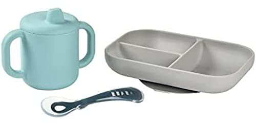 BÉABA, Set Vaisselle Silicone Repas Bébé, Coffret Repas d'apprentissage, 3 Pièces, Assiette compartimenté + Tasse + Cuillère, Silicone Saine et Durable, Compatible lave-vaisselle, Micro-onde, Bleu