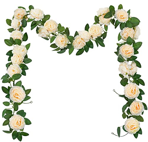 SHACOS 3 Stück (6 Meter) Künstliche Blumengirlande Champagner, Pfingstrosen Girlande Künstlich, Blumengirlande Rosen Seidenblumen Girlande Kunstblumen Hängend Rosengirlande für Hochzeit, Hause, Dekor