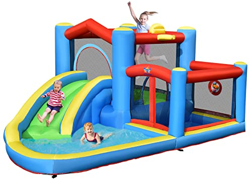 COSTWAY Castello Gonfiabile per Bambini, Casa Gonfiabile con Scivolo, Area per Saltare, Piscina, con Borsa di Trasporto e Kit di Riparazione, per 3 Bambini di 3-12 Anni, 410 x 310 x 191 cm