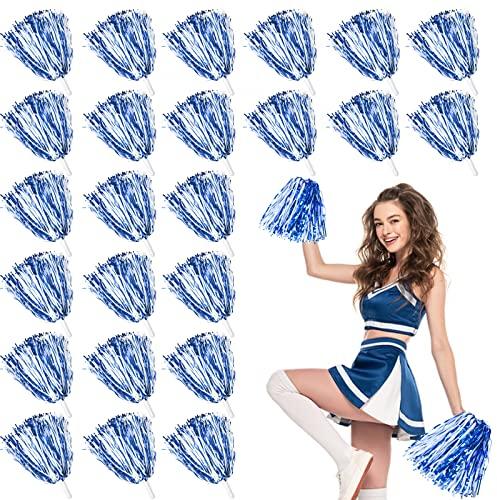 24 STK Metallisch Cheerleading Pompons zum Kinder, Cheerleader Jubeln Pom Poms mit Schlagstockgriff, Jubelnde Truppe Handblume zum Erwachsene Mannschaft Geist Sport Spiel Tanzparty (Blau und Weiß)
