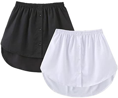 GOOBGS Women's Mini Underskirt Shirt Extensions Lower Skirt Sweep Shirt Extension Skirt with Buttons White-Black Large
