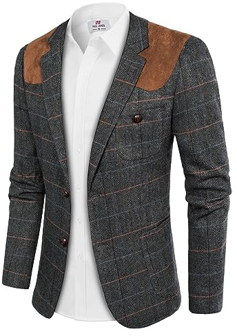PJ PAUL JONES Men's Blazer Herringbone Tweed Sport Coats Two Button Wool Blend Formal Jacket, Dark Grey, XXL