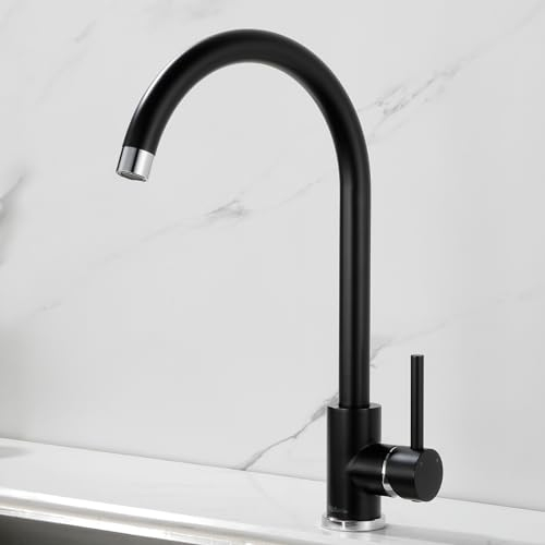 Robinet de Cuisine Kelleria en Acier Inoxydable SUS304 - Pivotant à 360° à Haute Pression, Mitigeur Monocommande avec Bec Haut, Installation Facile, Finition Noir Mat, Cartouche Céramique Durable