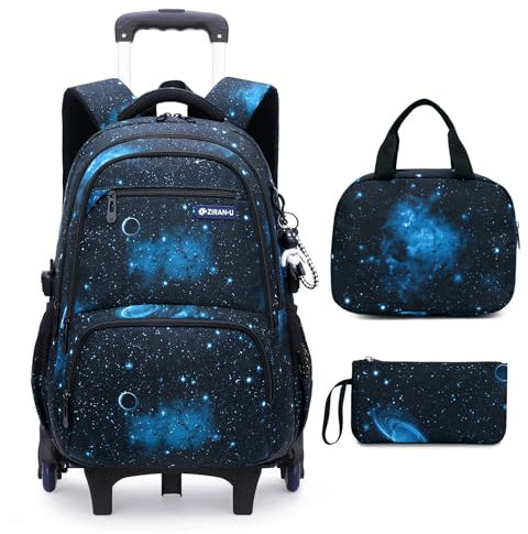 Amythe Schulrucksack Trolley für Jungen Teenager Rucksack mit Rollen 3-teilig mit Lunchtasche Federmäppchen, Wasserdichter Lässige Daypack 30L, Große Schultasche für Schule & Reisen, Blau