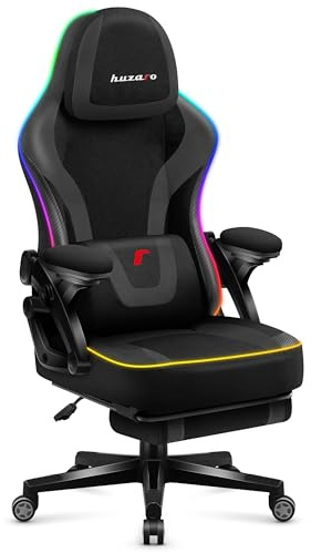 huzaro Force 4.6 RGB Black Mesh - LED Gaming Stuhl PC-Stuhl Ergonomisch Bürostuhl - Musik Sync - Fußstütze - Wippfunktion - Verstellbare Kopfstütze Rückenlehne - 130 kg - Stoff - Schwarz