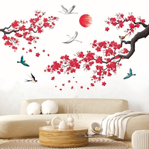 DECOWALL SG2-2406 Sticker mural aquarelle fleur branche arbre oiseaux stickers muraux fleurs de cerisier fond chambre salon décoration maison canapé art bureau japonais autocollants