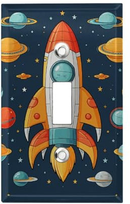 Rocket Clipart Space Ship 1-Gang Light Switch Cover Wall Plates Single Toggle Switch Plate Decorative Metal Wall Plate For Kitchen Farmhouse Bedroom Bathroom Art Decor