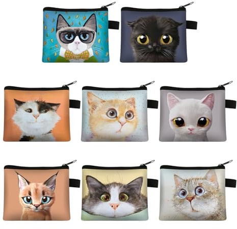 Sixfolo 8 Piezas Mini Monedero Gato con Cremallera,8 Estilos | Monedero Pequeño Mujer,Cartera para Monedas Niño,Lindo Bolsa Monedas Portátil para Monedas,Tarjeta de Crédito,Llaves