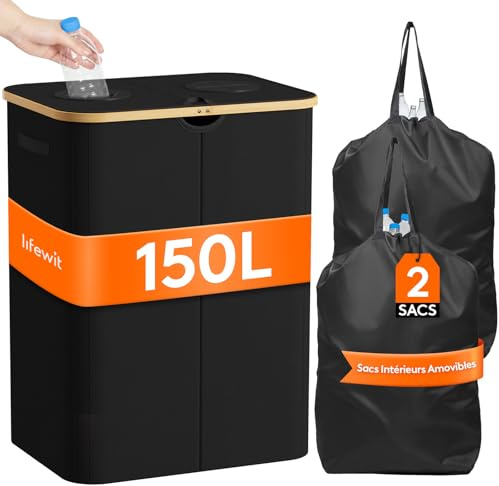 Lifewit Poubelle Recyclage Transportable, Collecteur de Bouteilles Verre, Plastique, Grand Poubelle en Bambou pour Tris Selectif, 150L, Noir