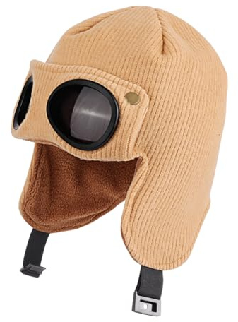 TAGVO Gorro de Punto Invierno para Niños, Gorro Beanie con Forro Polar Suave y Grueso con Gafas Cortaviento, Regulable Sombrero de Invierno con Orejeras para 4 a 10 Años niños y niñas Al Aire Libre