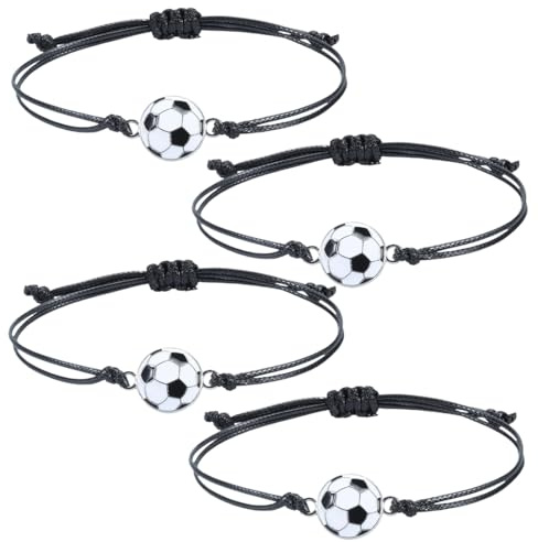 NOPKESV Lot de 4 bracelets d'amitié réglables, tissés, avec breloque en métal football, foot enfant, cadeaux de fête sportive, pour les anniversaires d'enfants sportifs, adolescents, filles et garçons