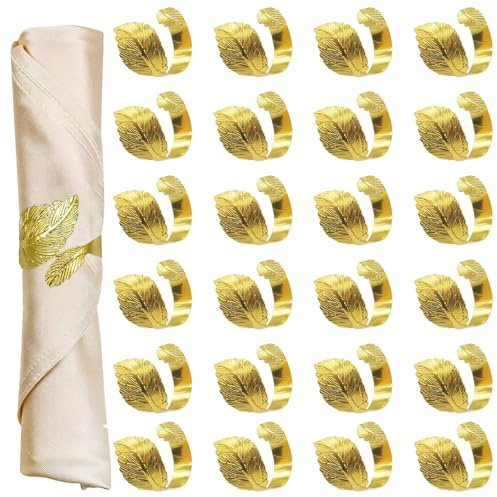 SITAKEGS Juego de 24 servilleteros en forma de hoja, servilleteros de metal para decoración de mesa, servilleteros de tela para bodas, Navidad, cumpleaños, decoraciones (G, 4,4 cm)