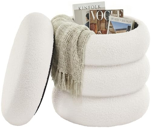 SONGMICS Taburete de Tocador, Puff Redondo con Almacenamiento, Reposapiés Acolchado, Tapa Extraíble, Salón Dormitorio Recibidor, Fácil de Montar, 43 x 47 cm, Peluche, Blanco LOM015WD01