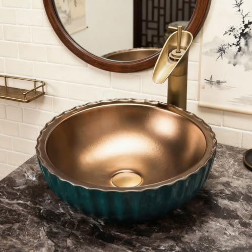 Lavabo de cerámica verde para baño, lavabo sobre encimera con grifo y desagüe para tocador o aseo.(A)