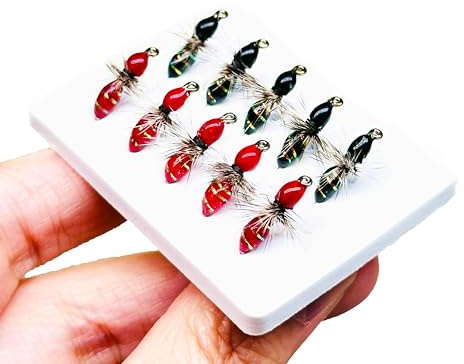 Qitewwrme 10Pc Hand-Tied Fly Flies Fly Fishing Lure/Hooks Wet Flies Bionics Griffiths Artificial Bait Fishing for Trout, Bass and Salmon for in Rivers Lakes (Black&Red)