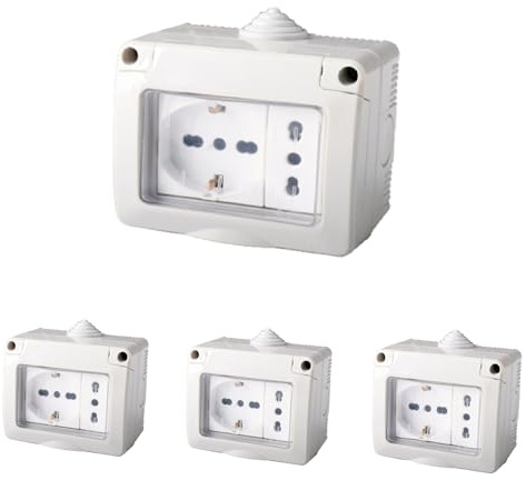 4 Kit Cassetta Elettrica IP55 Con Sportellino, 3 Moduli Presa Schuko P40 + Presa Bipasso 10/16A, Kit Scatola Elettrica Pronta, Montaggio Da Muro Parete Esterno