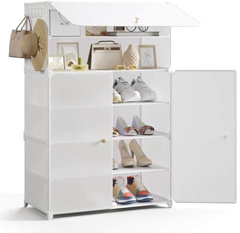 Mondeer Shoe Storage Cabinet, 6-Tier for 18 Pairs of Shoes, Oversized Plastic Shoe Rack with Doors, Removable Shelf and Hooks, for Hallway Entryway Closet, White