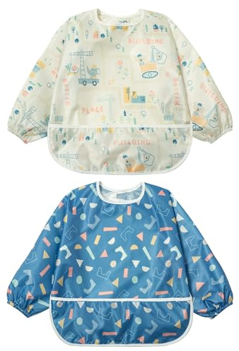 Little Dimsum långärmad småbarn avvänjningshaklappar | Ärmad baby vattentät utfodring overall set | fånga mat och torka ren 6-36 månader (byggstenar)