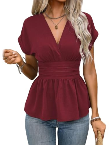 Peplum V-ringad kortärmad sommartopp för kvinnor – eleganta, trendiga volangblusar, lockar och plisserad fåll, Vinröd, XXL