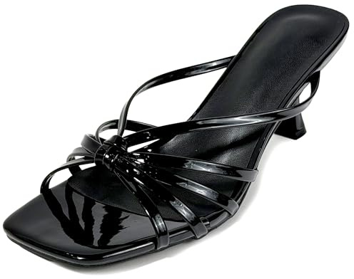 MISSCAI Sandalias Tacón Mujer Elegantes Verano Sandalias de Tiras Finas Efecto Charol Mules Mujer Punta Cuadrada Tacón 7,5 cm Zapatos Chic para Boda Fiesta Ceremonia
