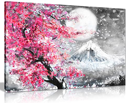 Ölgemälde, japanische Kirschblüte, Landschaft, Leinwand, Wandkunst, Bilddruck, 61 x 40 cm, Rosa/Schwarz/Weiß