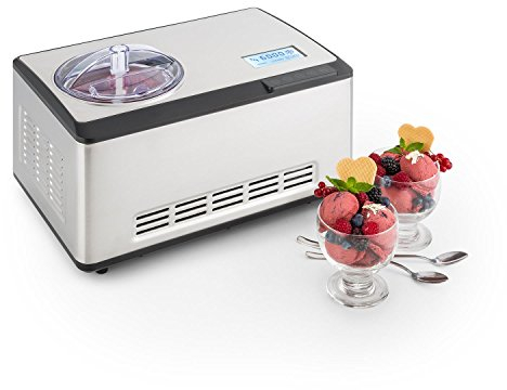 Klarstein Dolce Bacio - Machine à crème glacée, Sorbetière à compresseur, Glaces, sorbets, yaourts, Pack thermique 2L, Ecran tactile LCD, Minuterie, Acier inoxydable, Argent
