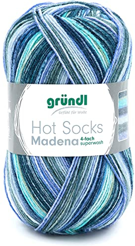 Gründl Wolle Hot Socks Madena 4-fach - Sockenwolle für 1 Paar Socken - Sockengarn - Weich und hautfreundlich - 75% Schurwolle, 25% Polyamid - 1 Knäuel 100 g / 420 m -Nadelstärke 2,5 - 3 - Blau