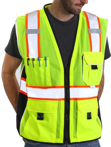Dib Safety Reflective Vest Yellow Mesh, High Visibility Vest with Pockets and Zipper, ANSI Class 2 Heavy Duty, Made with 3M Reflective Tape, 2XL
