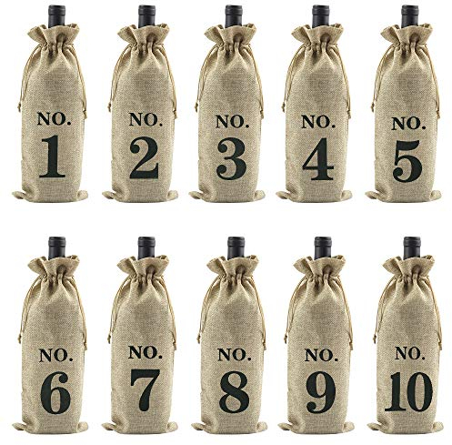 KLYNGTSK 10 PCS Sacs à Vin en Toile de Jute avec Cordon de Serrage Couverture de Bouteille de Vin en Toile Sacs à Vin Numéros Sac pour Bouteille de Vin pour Fête Mariage Anniversaire Noël, 36 * 16cm