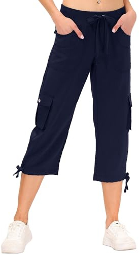 JINSHI Women's Cargo Capri Pant 3/4 Length Trousers Loose Comfy Casual Cropped Lounge Pants Elasticated Waist with Drawstring Navy Size M