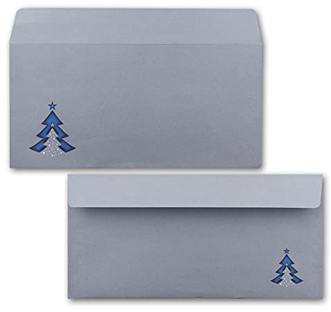 25x Briefumschläge DIN Lang in Grau mit blauen Tannenbäumen - Haftklebung mit Abziehstreifen - 110 x 220 mm - 120 g/m² - Weihnachtsumschläge mit Motiv für Firmen und Privat