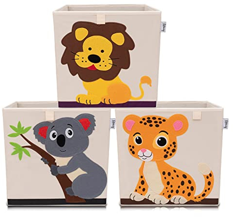 LIFENEY Aufbewahrungsbox im 3er Set Koala, Löwe und Tiger I Dreierpack Spielzeugbox mit Tiermotiv passend für Würfelregale I Ordnungsbox für das Kinderzimmer I Aufbewahrungskorb Kinder
