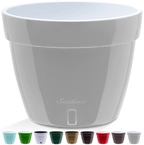 Santino ASTI Vaso da Fiori Autoirrigante con Indicatore del Livello Dell'acqua, Rotondo, per Impianti, Fiori, Erbe (Ø 20 cm, altezza 16 cm, 4 L, Grigio/Bianco)