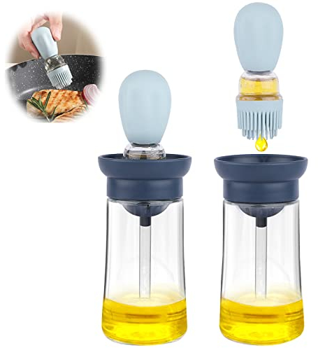 FARI Olivenöl-Spenderflasche aus Glas mit Silikonbürste, 2-in-1 für Küche, Kochen, Braten, Backen, Grillen, Pfannkuchen (1, blau)