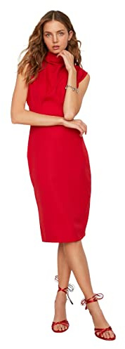 TRENDYOL Abito da Donna Midi Basic Slim Fit Tessuto, Colore: Rosso, 44