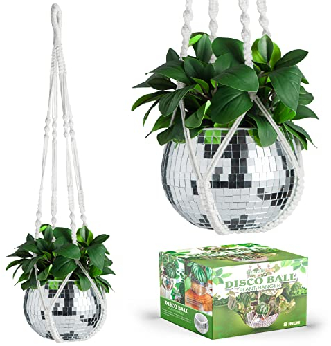 Discokugel-Pflanzgefäß mit Makramee-Baumwollseil, Pflanzenaufhänger, 20,3 cm, verspiegelter Blumentopf mit flachem Boden, selbstwässernder Einsatz für Innen- und Außenpflanzen, Boho-Stil, einfache
