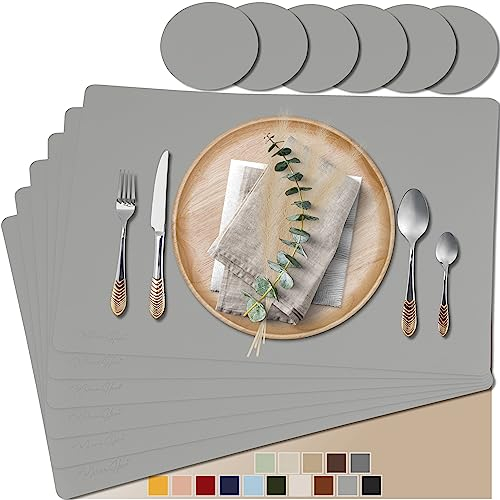 Mahewa® 6er Set Premium Tischset aus Kunstleder - Platzset abwaschbar und wasserdicht - Platzdeckchen Telleruntersetzer in Lederoptik (Hellgrau, Eckig)