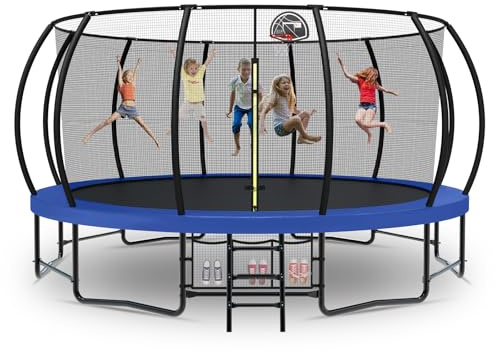 Tatub 16FT Upgrade Pumpkin Trampoline for Kids and Adults, Outdoor Recreational Trampolines with Basketball Hoop & Enclosure Net, Curved Poles & Storage Bag, Blue