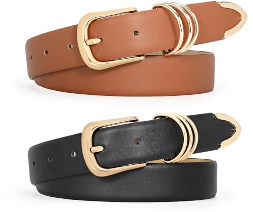 LEACOOLKEY 2 pièces de ceinture en cuir pour femme pour jeans, pantalons, robes, boucle en or, (130cm)Fit Taille Größe 105cm-114cm