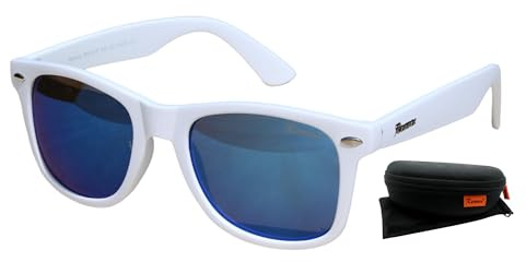 Rennec Sonnenbrille Verspiegelt Weiß Matt, UV400 Schutz, mit Hardcase, Damen Herren Markenbrille, Nerd Brille Retro Festivalbrille (Hellblau Verspiegelt - Rahmen Weiß)