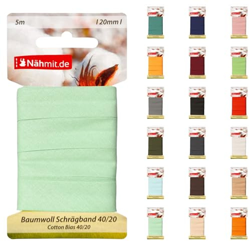 Sydd med 5 m kort bomull snedband, 100 % bomull 20 mm brett – 40/20 förstruket snedband (A12 pastellgrönt, 5 m kort)