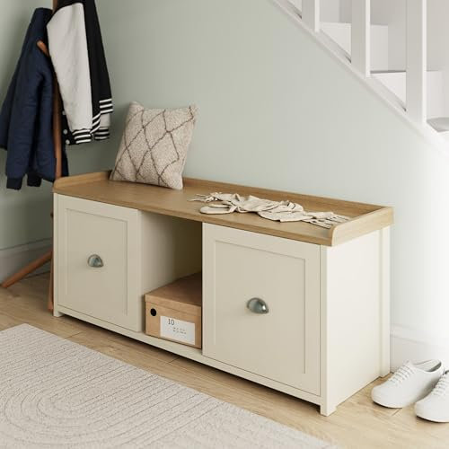 GFW Lancaster 2 Door Shoe Bench Storage Seat Organiser Cream Hallway Entryway