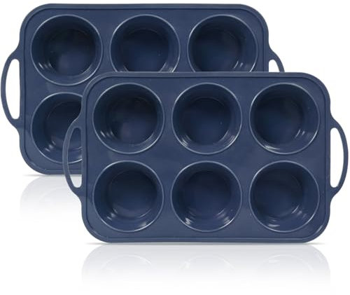 SUPER KITCHEN 2 Pezzi Grande Stampo Muffin Silicone con Struttura Metallica, Teglia per Muffin da 6 Tazze con Maniglie, Antiaderente Stampo Cupcake Silicone, Profonda Stampi Muffins da Forno, Grigio
