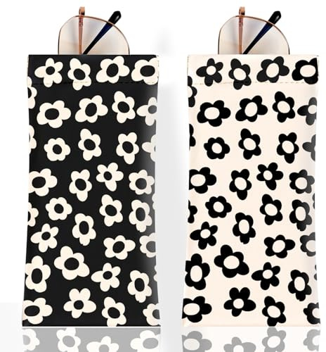 2Pcs Sunglass Eyeglass Glasses Case Soft PU Leather with Cleaning Cloth Soft Sunglasses Case Cute Aesthetic Portable Travel Glasses Pouch Bag for Men Women Girls（Black and White Flower Pattern